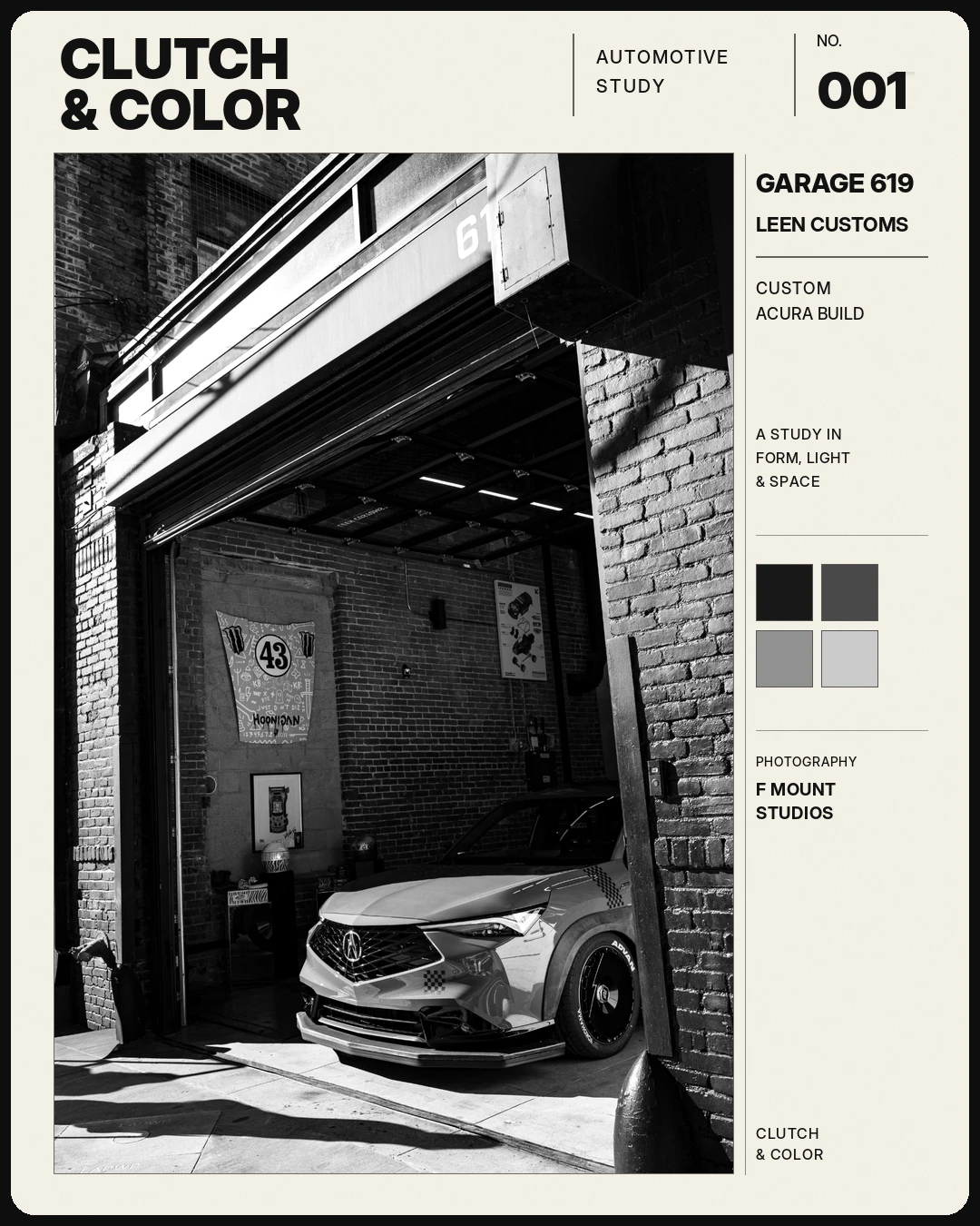 Clutch & Color first-release editorial card No. 001 Garage 619